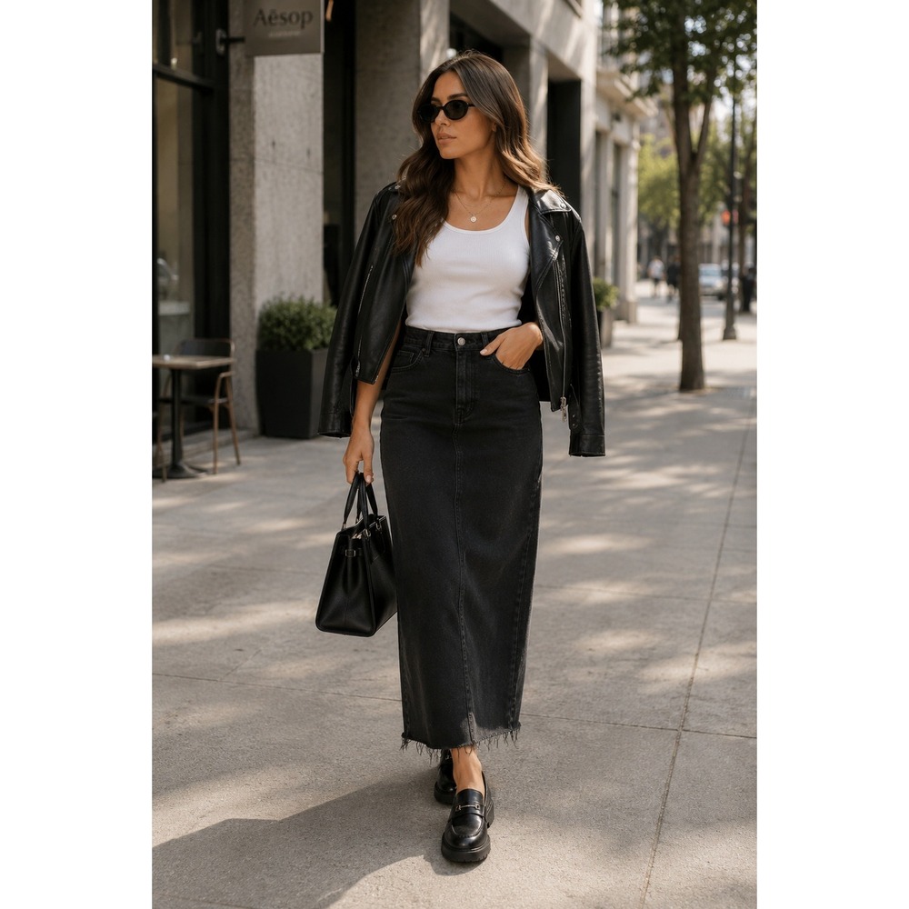 Happily Grey Black Denim Maxi Skirt Raw Hem 5 pocket Center Front Slit Size 7/27